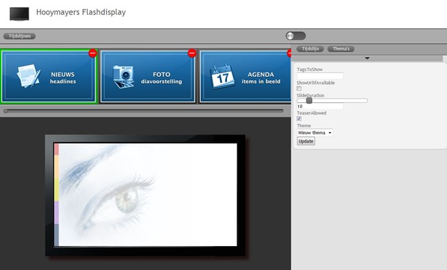 Ziber Flashdisplay - tijdslijn - elementen - instellingen - Beeldkrant software - Digital Signage