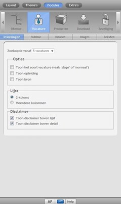 Vacature module instellingen 2-koloms in de Ziber Design Software