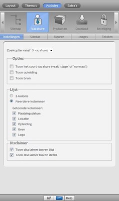 Vacature module instellingen in meerdere kolommen in de Ziber Design Software